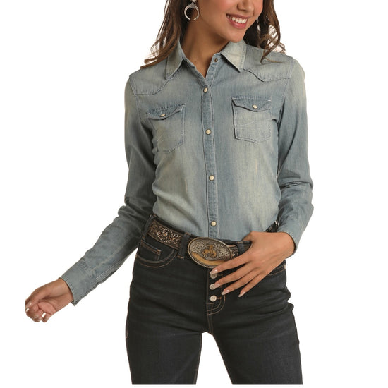 Rock & Roll Cowgirl Ladies Long Sleeve Blue Snap Shirt B4S3170