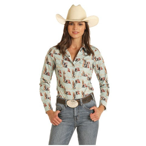 Rock & Roll Cowgirl® Ladies Western Cactus Print Snap Up Shirt B4S3325