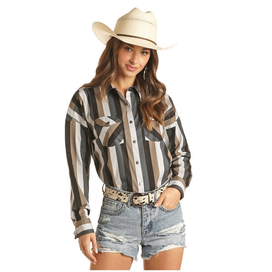 Rock & Roll Cowgirl Ladies Boyfriend Fit Stripe Long Sleeve Shirt B4S3334