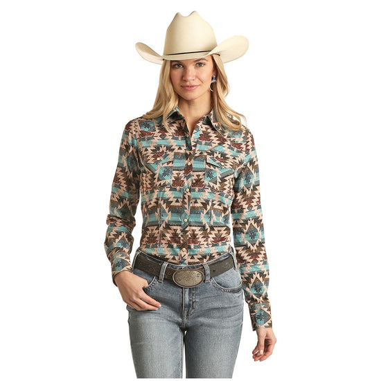 Rock & Roll Cowgirl Ladies Dale Brisby Aztec Snap Shirt B4S3335