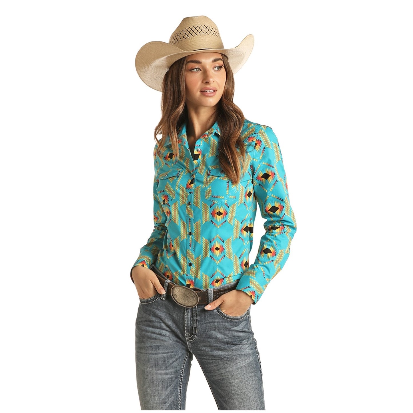 Rock & Roll Cowgirl Ladies Dale Brisby Turquoise Aztec Snap Shirt B4S3337