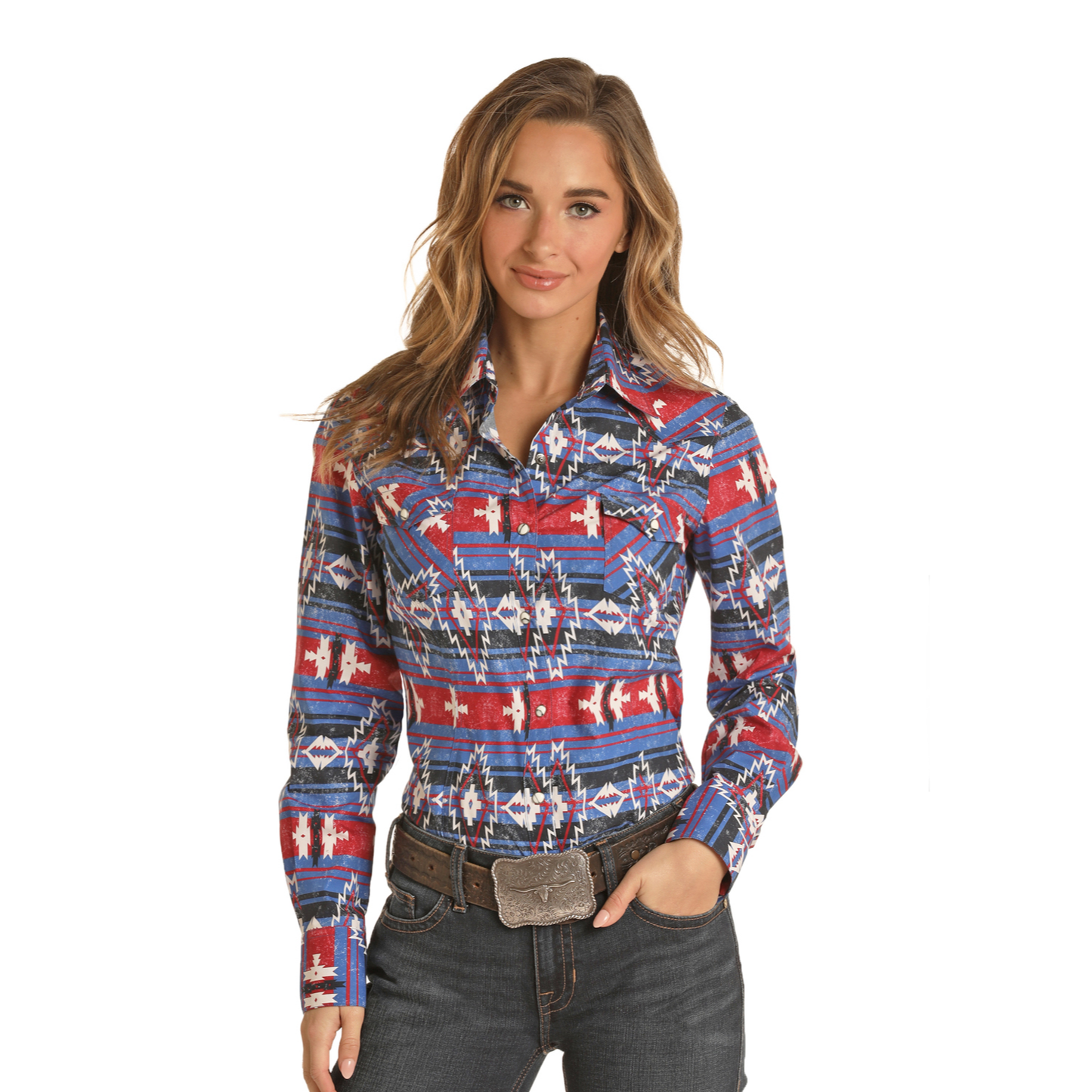 Rock & Roll Cowgirl® Ladies Dale Brisby Blue Aztec Snap Down B4S7052