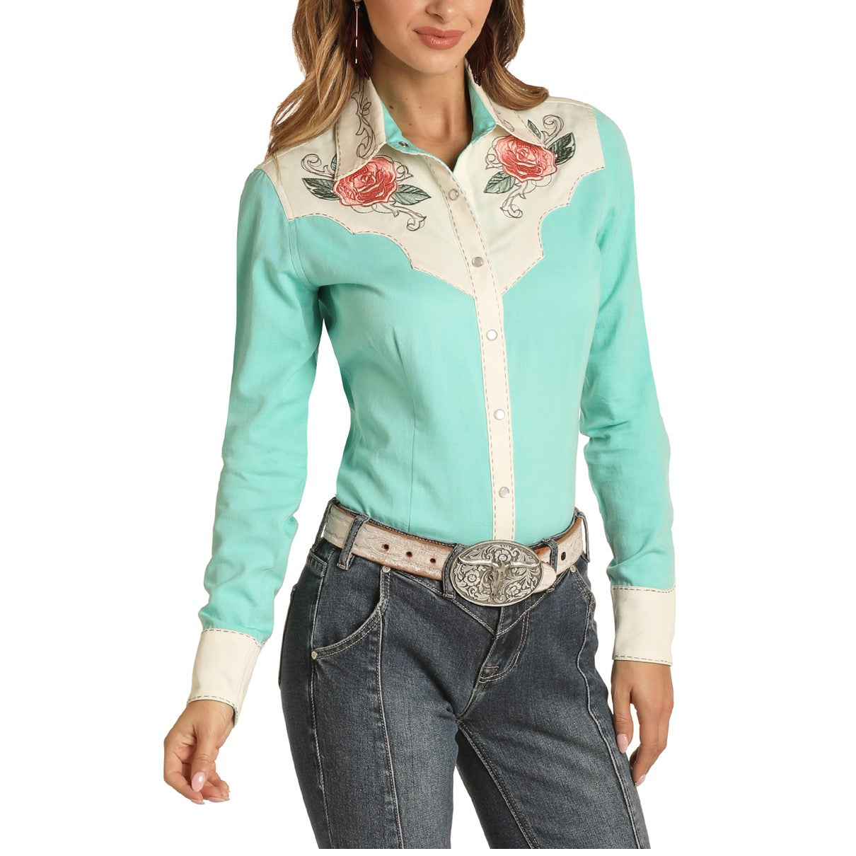 Load image into Gallery viewer, Rock &amp;amp; Roll Cowgirl Ladies Turquoise Snap Shirt B4S8419
