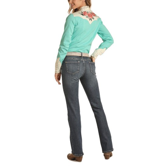 Rock & Roll Cowgirl Ladies Turquoise Snap Shirt B4S8419