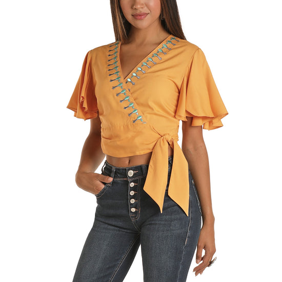 Rock & Roll Cowgirl Ladies Wrap Around Gold Blouse B5-8388