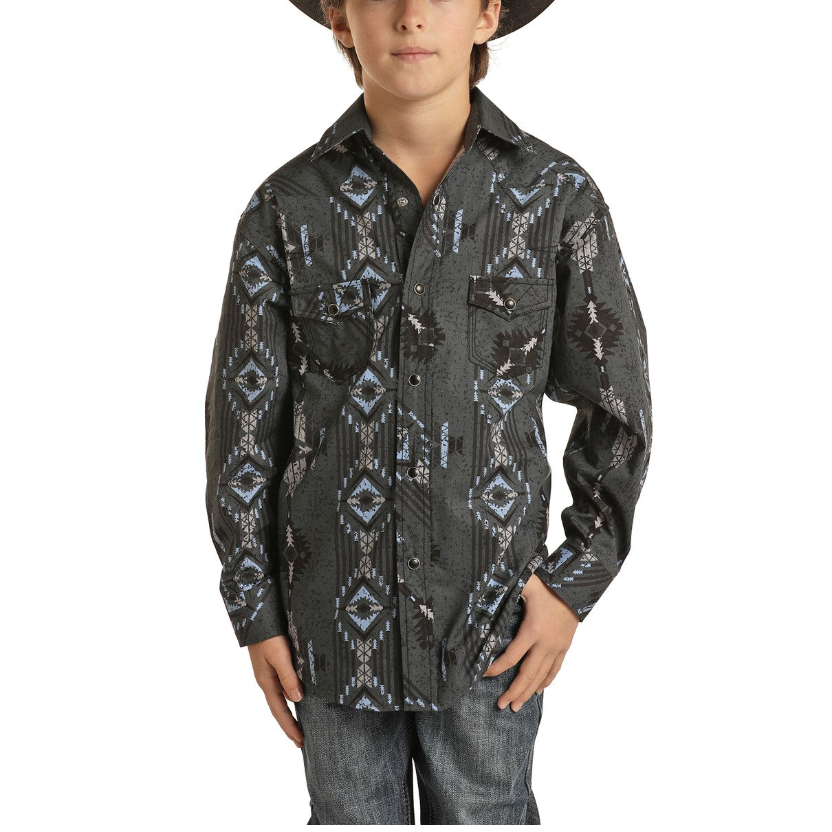 Rock & Roll Cowboy Boy's Aztec Navy Indigo Snap Button Shirt B8S1307