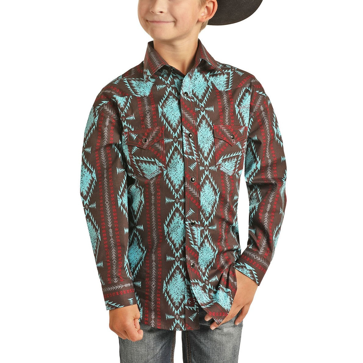 Rock & Roll Cowboy Boy's Aztec Print Dark Brown Snap Shirt B8S1314