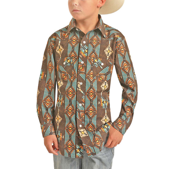 Rock & Roll Denim Boy's Aztec Print Dark Brown Snap Shirt B8S3321