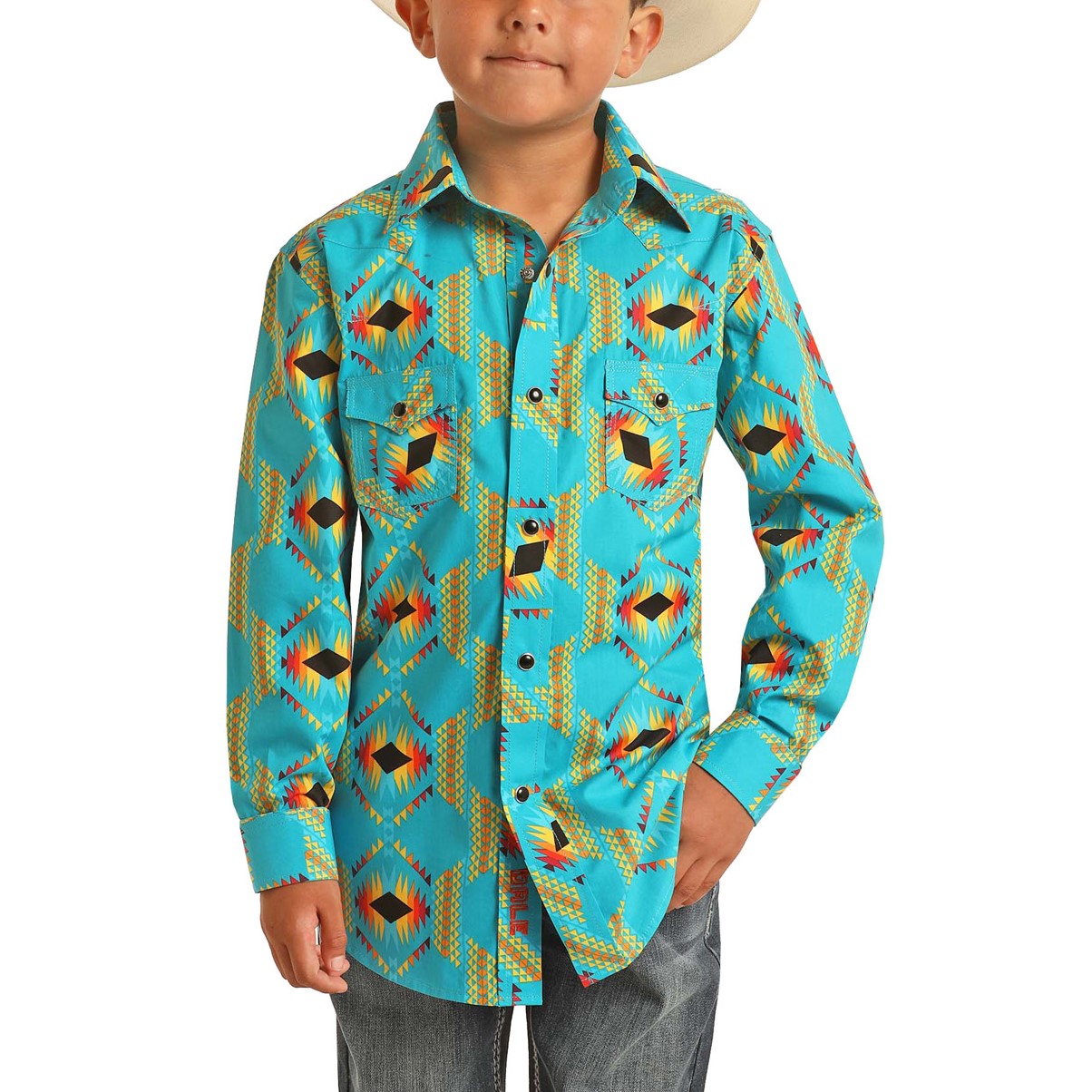 Rock & Roll Cowboy Boy's Aztec Print Turquoise Snap Shirt B8S3337