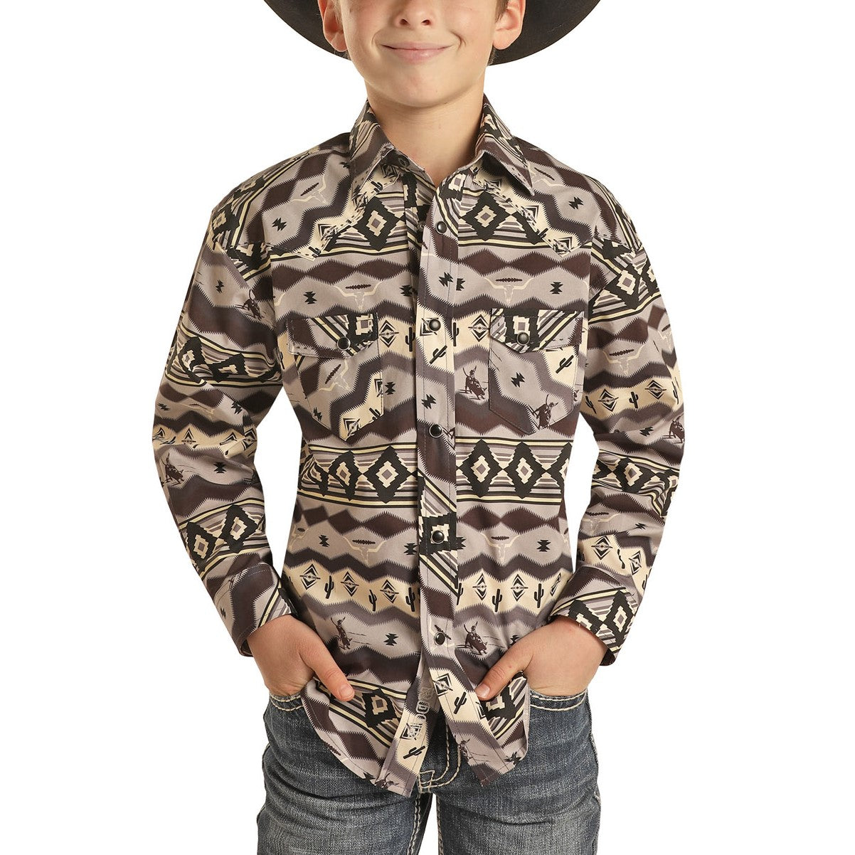 Rock & Roll Cowboy Boy's Charcoal Aztec Snap Shirt B8S7058