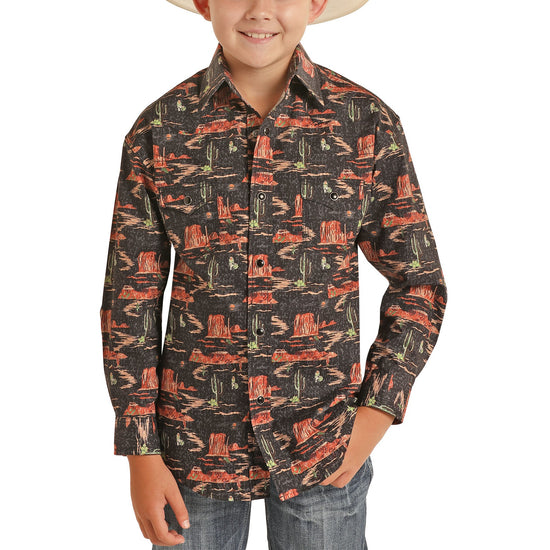 Load image into Gallery viewer, Rock &amp;amp; Roll Cowboy Children&amp;#39;s Snap Novelty Print Black Shirt B8S8103
