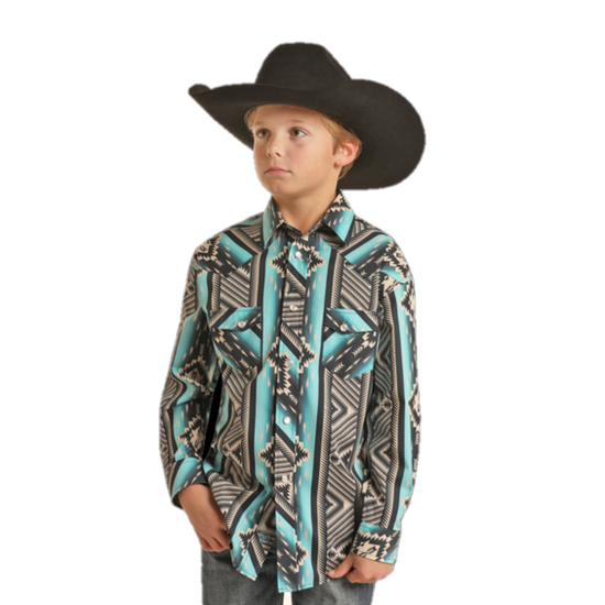 Rock & Roll Denim Youth Boy's Aztec Print Turquoise Snap Shirt BBN2S02150