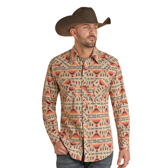 Rock & Roll Denim Men's Aztec Woven Orange Snap Button Shirt BMN2S02143