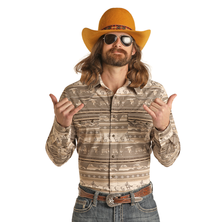 Rock & Roll Denim Men's Conversational Dale Taupe Snap Shirt BMN2S02175