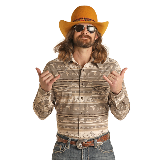 Rock & Roll Denim Men's Conversational Dale Taupe Snap Shirt BMN2S02175