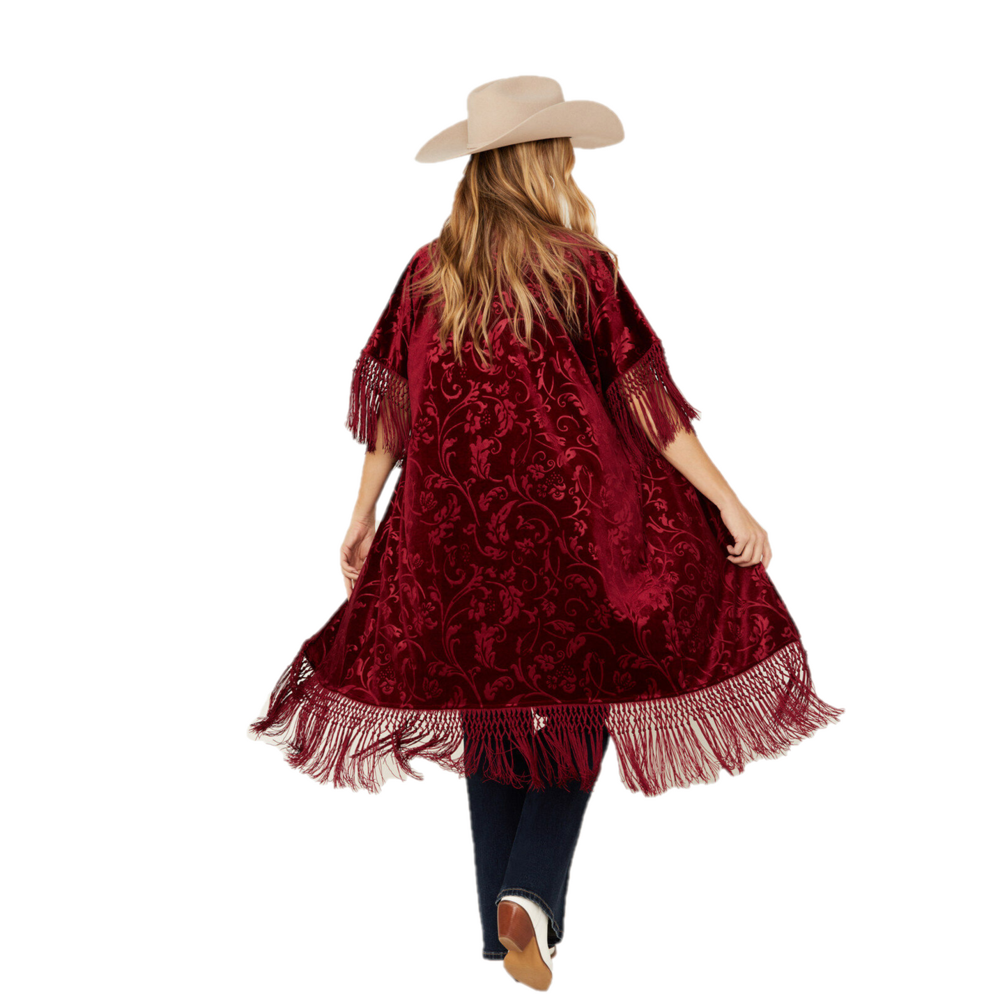 ROCK & ROLL Denim LADIES Fringed Burgundy Velvet Kimono BW27T02955 ROCK & ROLL Denim LADIES Fringed Burgundy Velvet Kimono BW27T02955