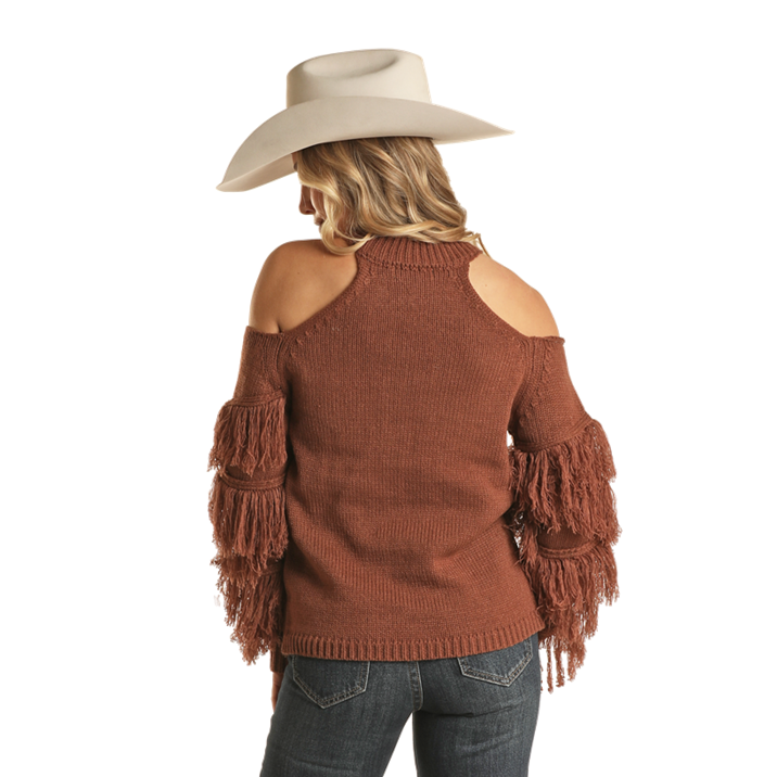 Rock & Roll Denim Ladies Angled Fringe Rust Sweater BW32T02043-90