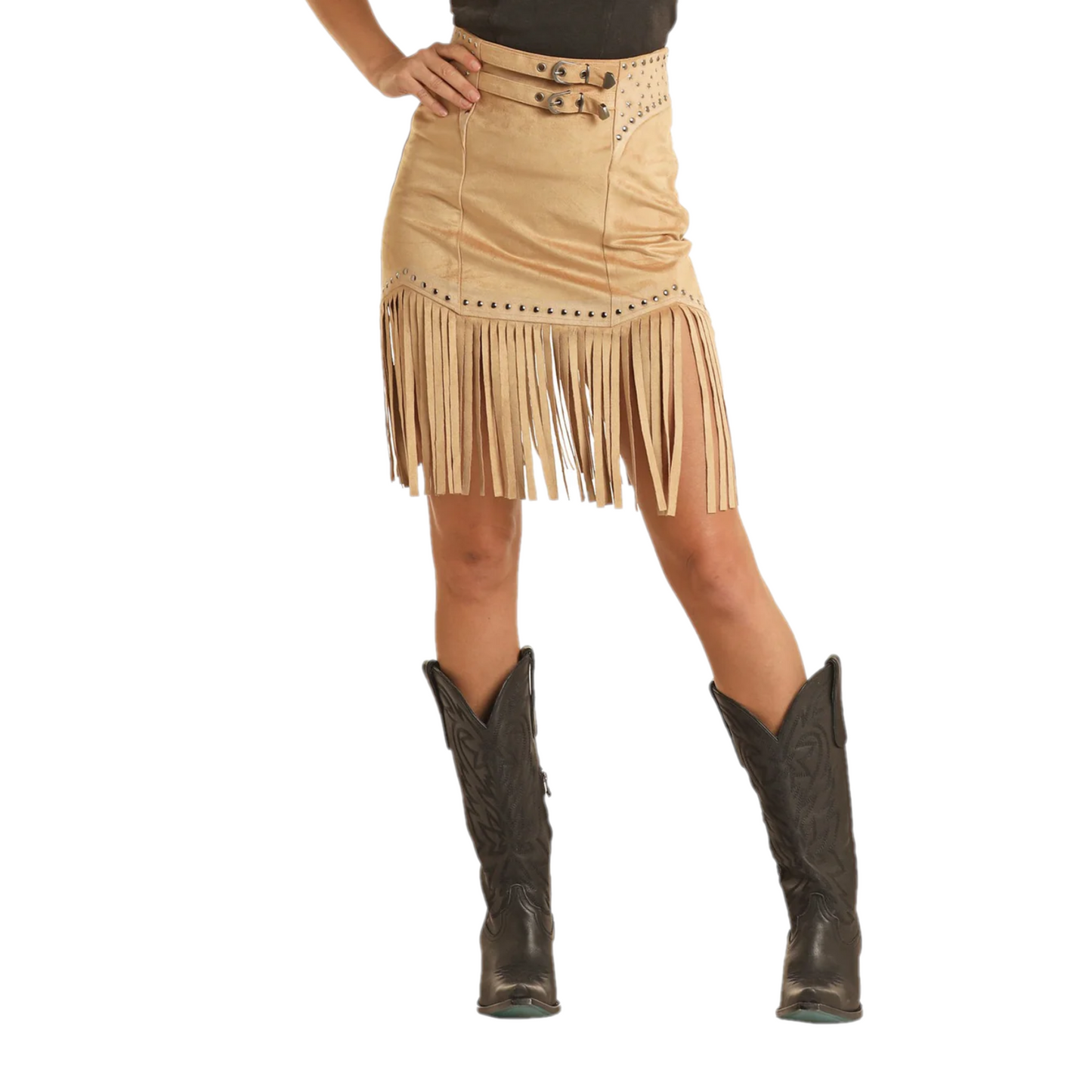 Rock & Roll Denim Ladies Studded Fringe Camel Skirt BW69B03274