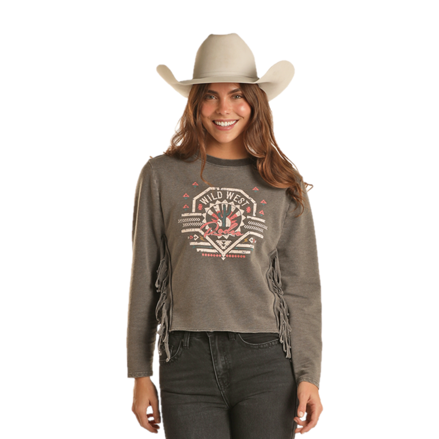 Load image into Gallery viewer, Rock &amp;amp; Roll Denim Ladies Fringed Graphic Black Pullover BW91T02059-01
