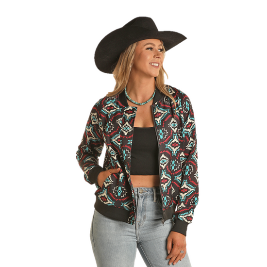 Rock & Roll Denim Ladies Aztec Print Satin Black Bomber BW92C02017