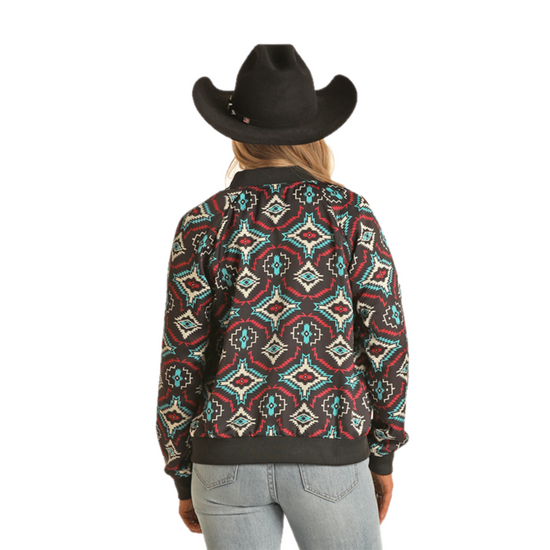 Rock & Roll Denim Ladies Aztec Print Satin Black Bomber BW92C02017