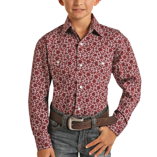 Rock & Roll Cowboy Boy's Floral Print Maroon Snap Shirt C0S1614
