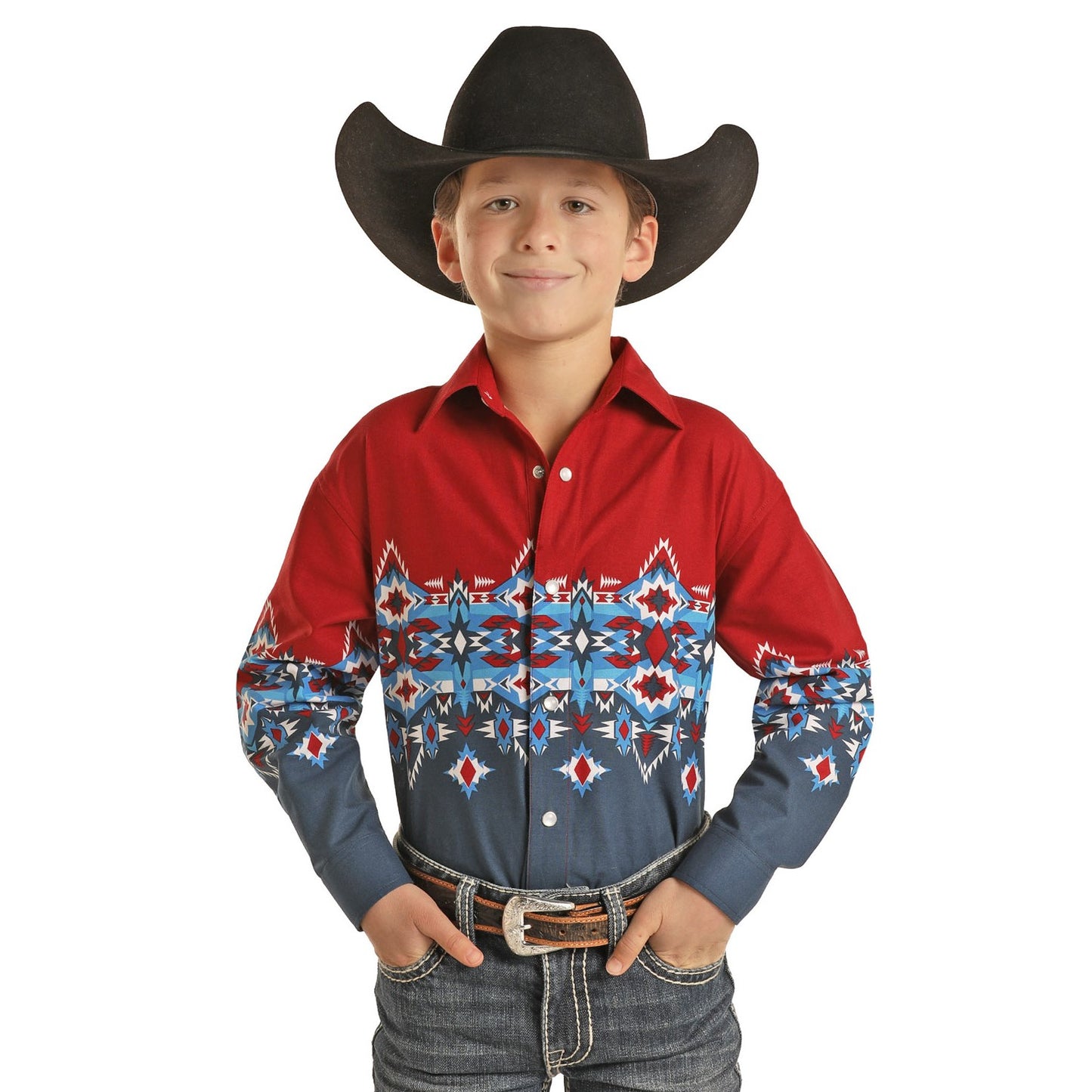 Panhandle® Youth Boy's Navy Aztec Border Print Snap Shirt C0S2000