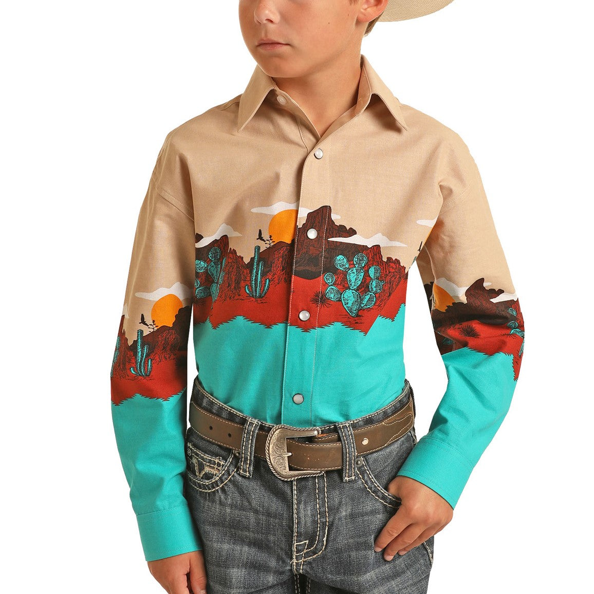 Panhandle® Youth Boy's Aztec Border Print Turquoise Snap Shirt C0S3012
