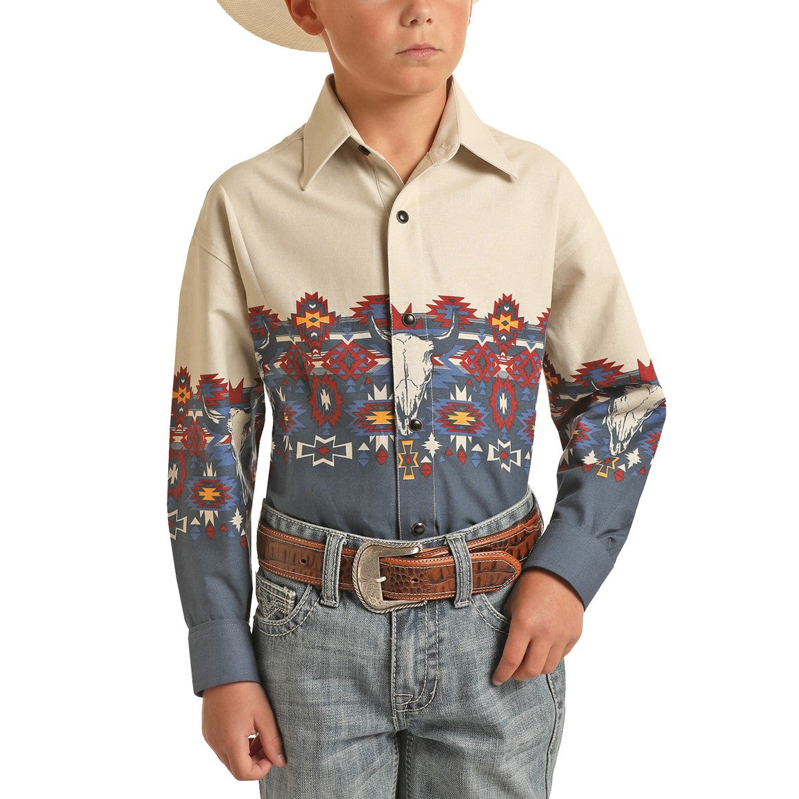 Panhandle® Boy's Navy Aztec Border Print Snap Up Shirt C0S3013