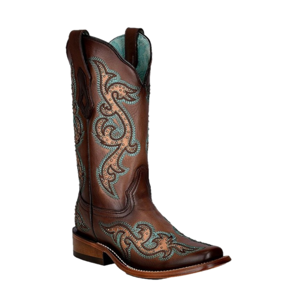 Corral Ladies Studded Maple & Turquoise Embroidery Square Toe Boots C3907