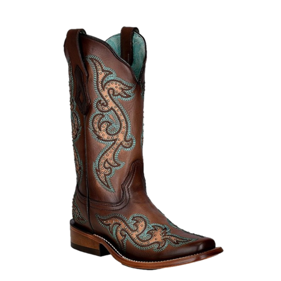 Corral Ladies Studded Maple & Turquoise Embroidery Square Toe Boots C3907