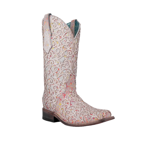 Corral Ladies White Glitter Overlay Neon Black Light Boots C4062