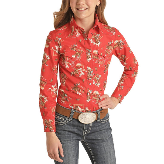 Panhandle Girl's Cowboy Print Red Snap Long Sleeve Shirt C6S2143