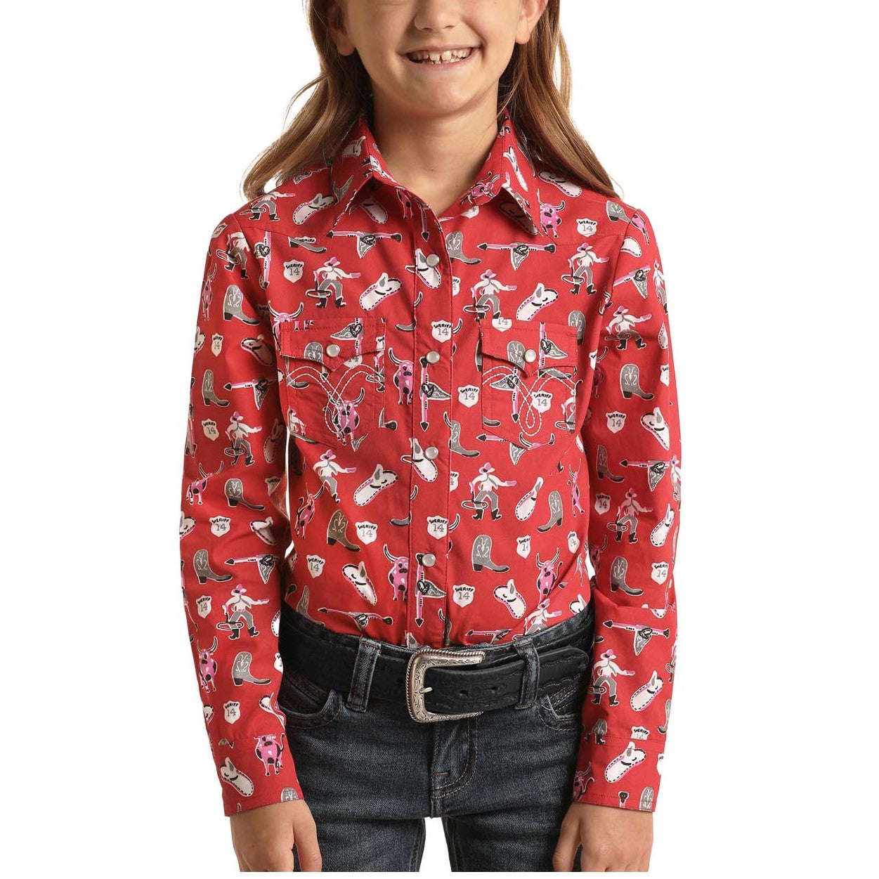 Panhandle® Youth Girl's Red Western Rodeo Print Snap Shirt C6S3494