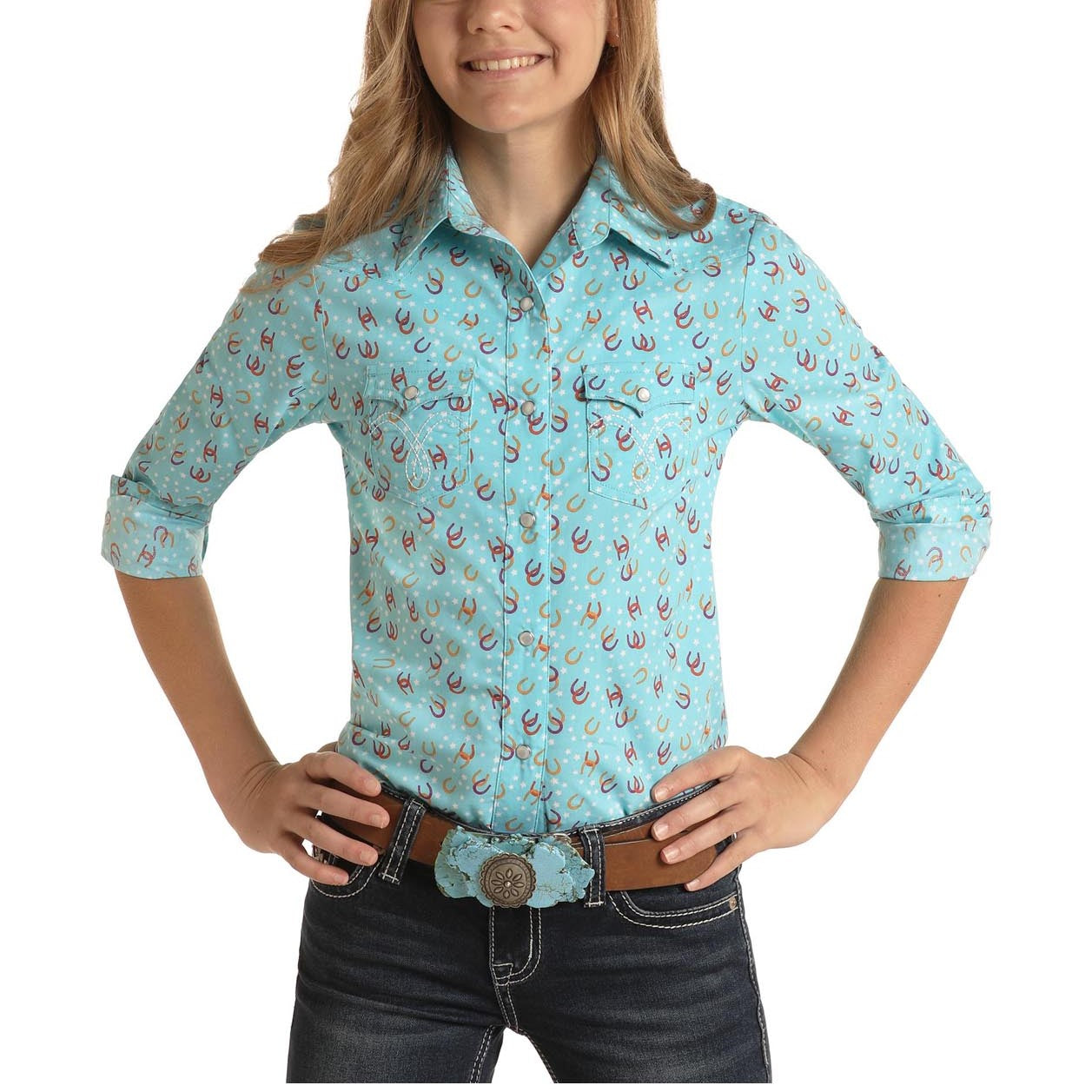 Panhandle® Youth Girl's Horseshoe Print Light Blue Snap Shirt C6S3496