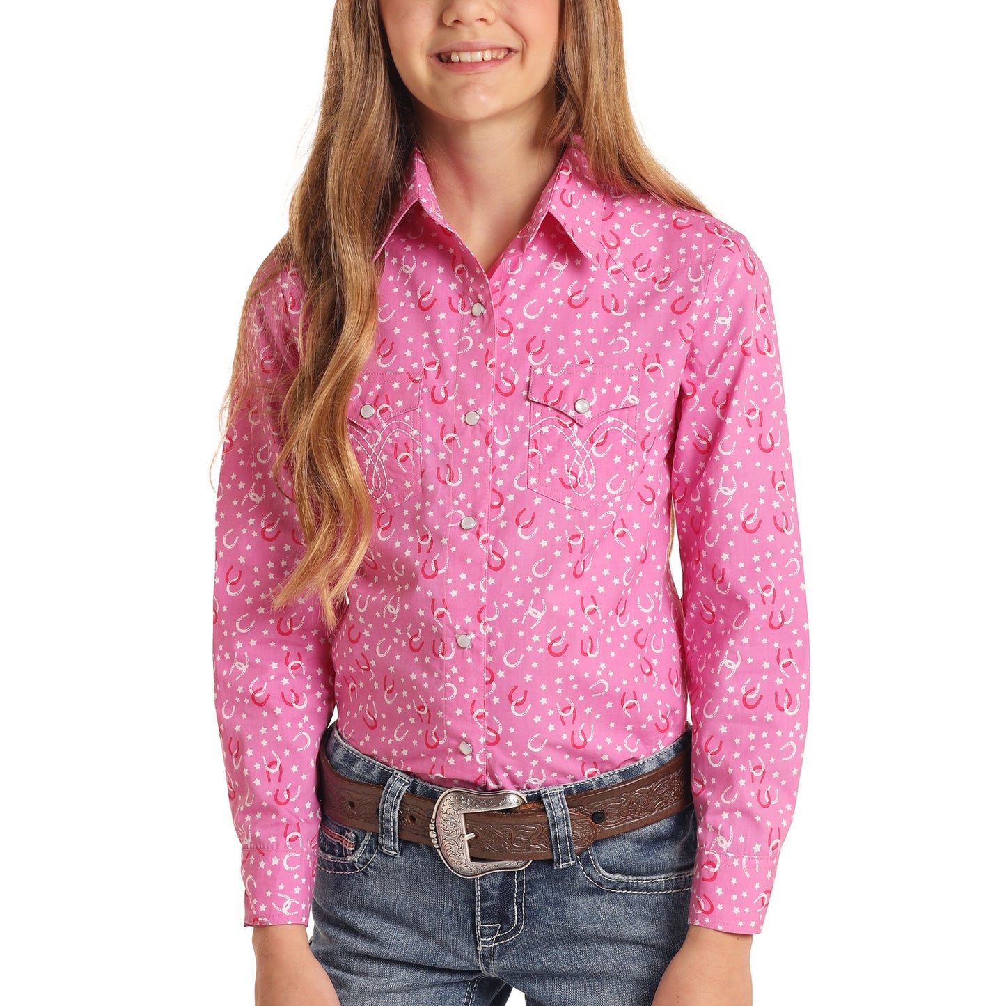 Panhandle Children's Hot Pink Horseshoe Print Snap Shirt C6S9226