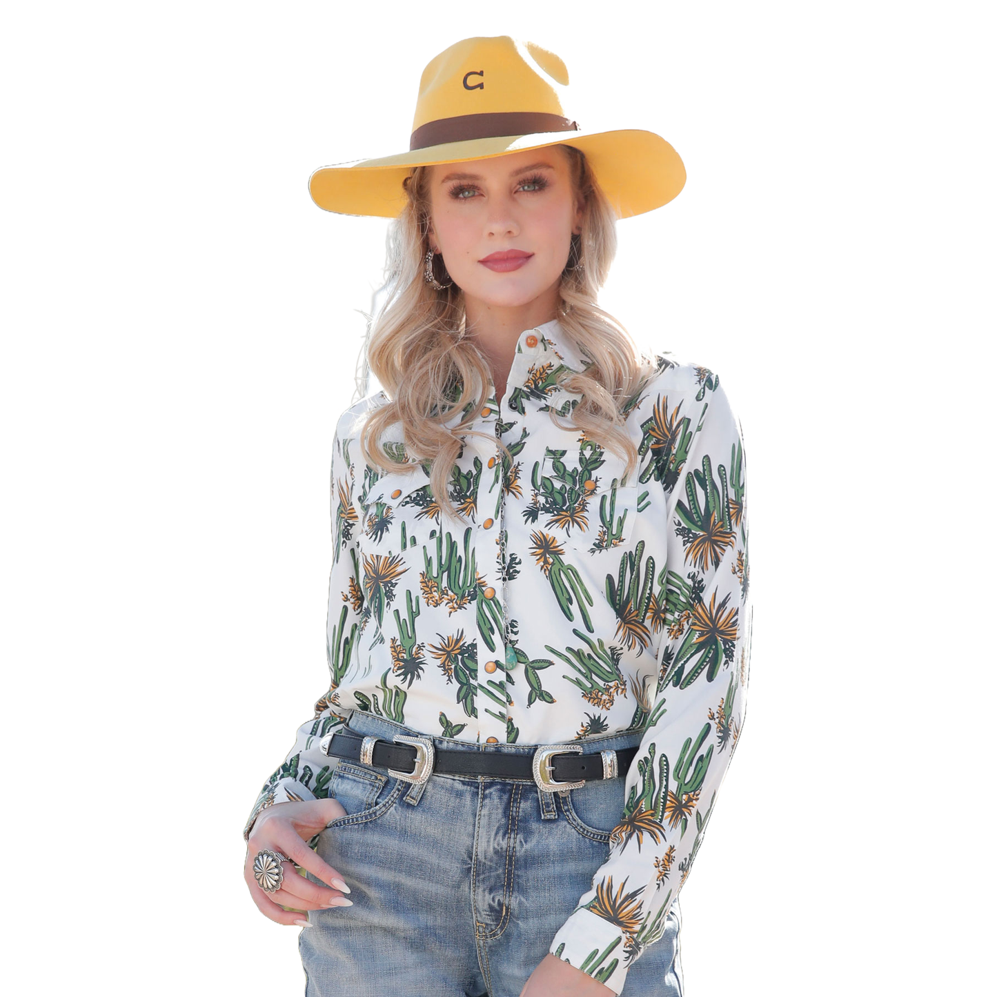 Cinch Ladies White Cactus Print Snap Button Down Shirt CTW7245011