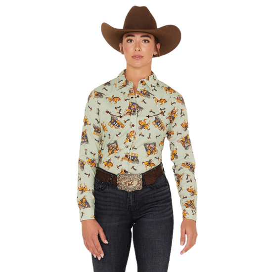 Cruel Denim® Ladies Western Horse Printed Green Button Down Shirt CTW7398002