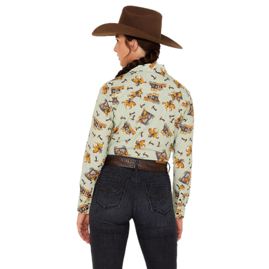 Cruel Denim® Ladies Western Horse Printed Green Button Down Shirt CTW7398002