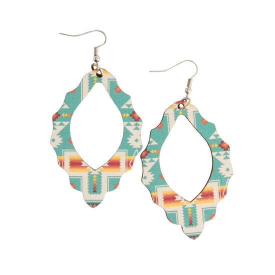 M&F Ladies Aztec Pattern Turquoise Wood Drop Earrings D4600102