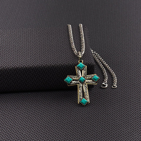 Silver Strike Men's Turquoise Cross Pendant Necklace D47436