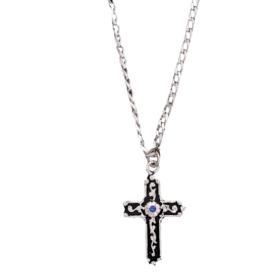 Load image into Gallery viewer, M&amp;amp;F Western® Men&amp;#39;s Inlay Silver Blue Stone Cross Necklace DN130

