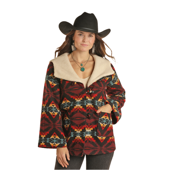 Powder River Ladies Black Aztec Jacquard Wool Cape Coat DW92C01502-01