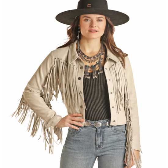 Powder River Outfitters Ladies Micro Suede Fringe Natural Jacket DW92C02000