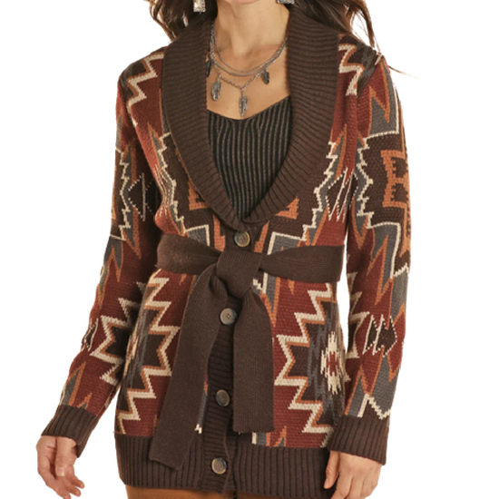 Powder River Outfitters Ladies Knitted Aztec Brown Robe Sweater DW95C01968