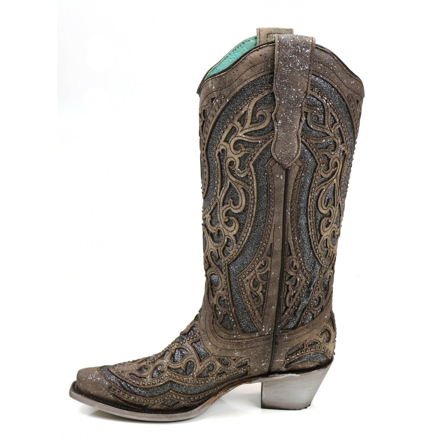 Corral Ladies Brown Grey Inlay & Studs Snip Toe Boots E1569