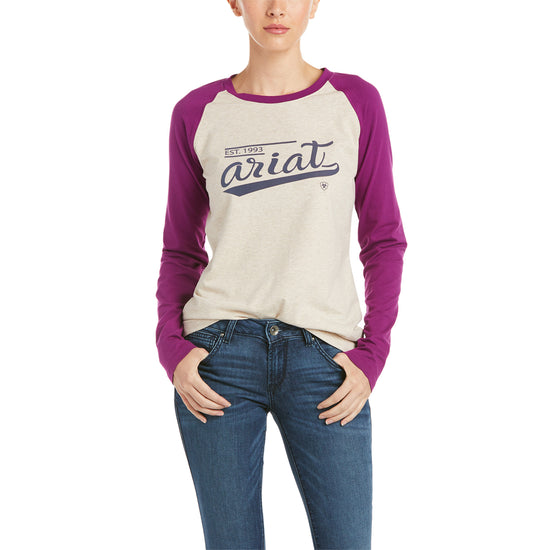 Ariat® Ladies Varsity Logo Long Sleeve Oatmeal/Violet T-Shirt 10034413