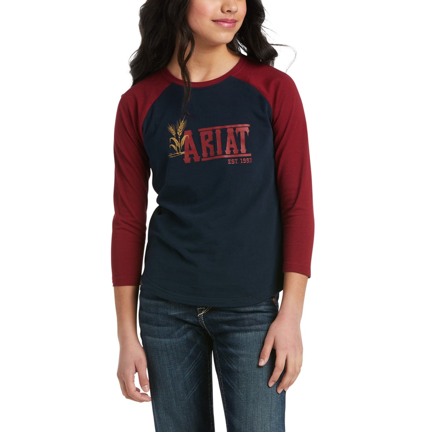 Ariat® Girl's REAL Farm Dark Sapphire Baseball T-Shirt 10037973
