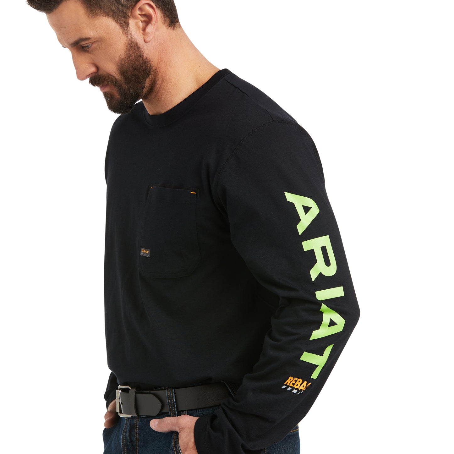 Ariat Men's Rebar Workman Logo Black Lime Long Sleeve Shirt 10037405