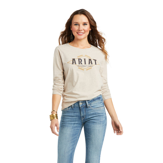 Ariat® Ladies REAL Logo Flourish LS Heather Oatmeal T-Shirt 10036965